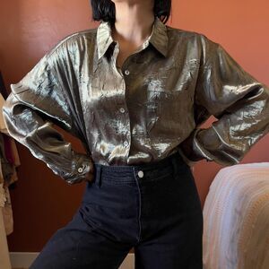 vintage chicos‎ gold crinkle blouse rayon blend size 2 Large